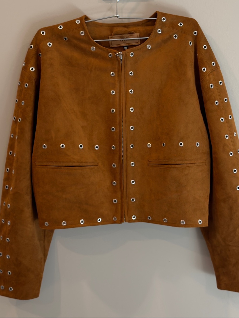 Blank NYC Brown Suede Eyelet-Trim Cropped Jacket